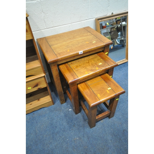 170 - A HARDWOOD NEST OF THREE TABLE, largest table width 55cm x depth 41cm x height 56cm, a pair of pine ... 