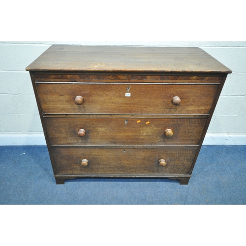 175 - A 19TH CENTURY OAK CHEST OF THREE LONG GRADUATED DRAWERS, raised on bracket feet, width 123cm x dept... 