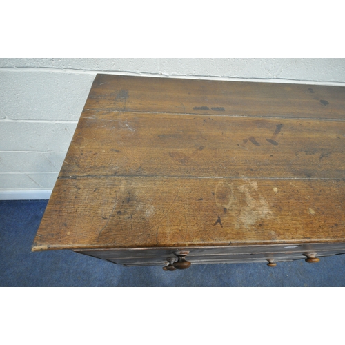 175 - A 19TH CENTURY OAK CHEST OF THREE LONG GRADUATED DRAWERS, raised on bracket feet, width 123cm x dept... 