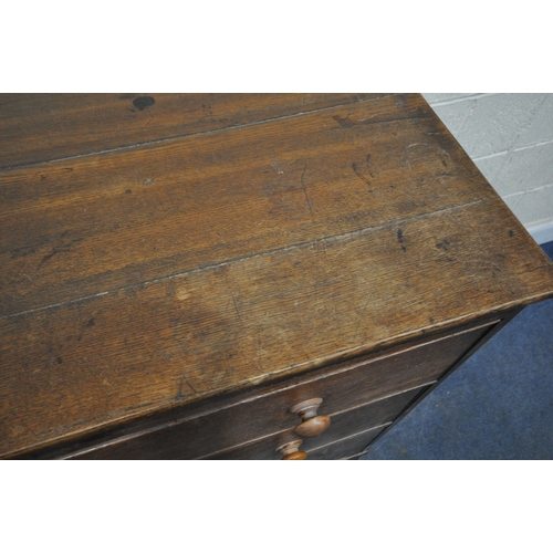 175 - A 19TH CENTURY OAK CHEST OF THREE LONG GRADUATED DRAWERS, raised on bracket feet, width 123cm x dept... 