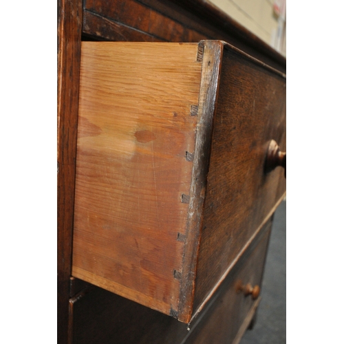 175 - A 19TH CENTURY OAK CHEST OF THREE LONG GRADUATED DRAWERS, raised on bracket feet, width 123cm x dept... 