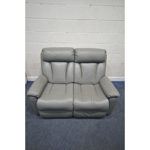 177 - A GREY LEATHER LA-Z-BOY TWO SEATER ELECTRIC RECLINING SOFA, with a USB socket to each end, width 149... 