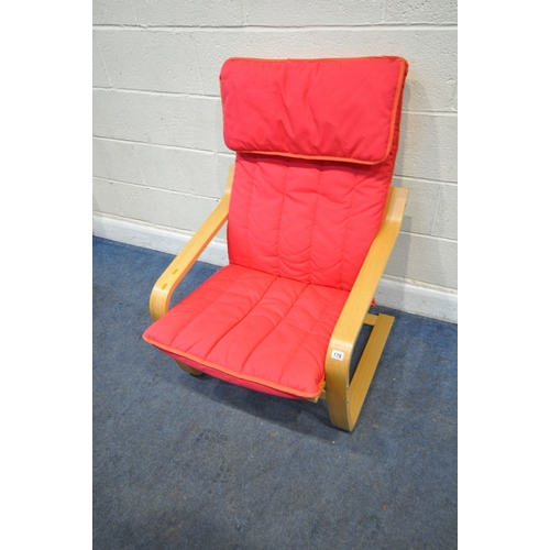 178 - AN IKEA POANG ARMCHAIR, with red fabric upholstery, width 68cm x depth 74cm x height 98cm, with a ma... 