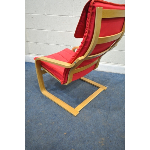 178 - AN IKEA POANG ARMCHAIR, with red fabric upholstery, width 68cm x depth 74cm x height 98cm, with a ma... 