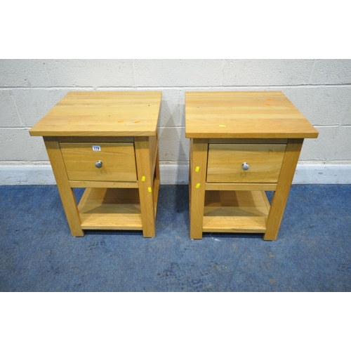 179 - A PAIR OF MODERN LIGHT OAK LAMP TABLES, each with a single drawer and undershelf, 49cm squared x hei... 
