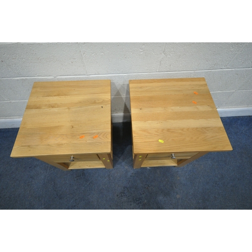 179 - A PAIR OF MODERN LIGHT OAK LAMP TABLES, each with a single drawer and undershelf, 49cm squared x hei... 