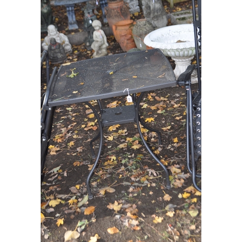 23 - A PAIR OF METAL FOLDING SUN LOUNGERS, and a metal garden table, 71cm x height 73cm (3)