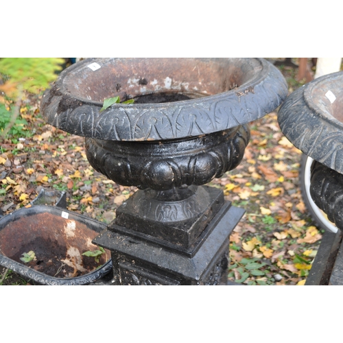 8 - AN EARLY 20th CENTURY CAST IRON CAMPAGNA GARDEN URN ON STAND with balustered bowl and foliate detail... 