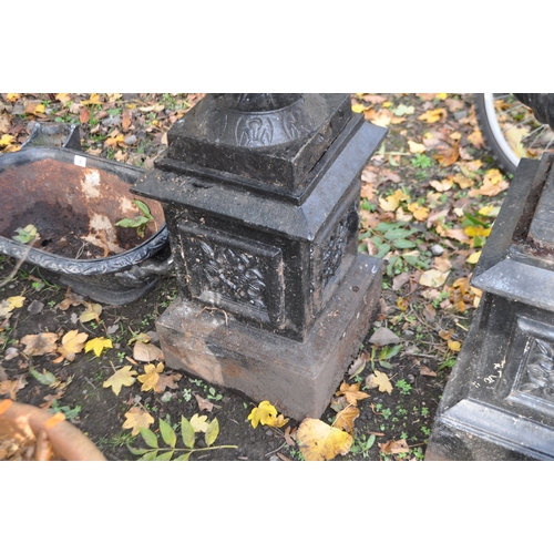 8 - AN EARLY 20th CENTURY CAST IRON CAMPAGNA GARDEN URN ON STAND with balustered bowl and foliate detail... 