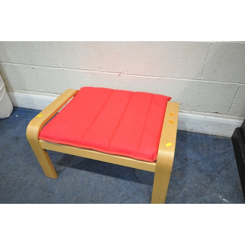 178 - AN IKEA POANG ARMCHAIR, with red fabric upholstery, width 68cm x depth 74cm x height 98cm, with a ma... 