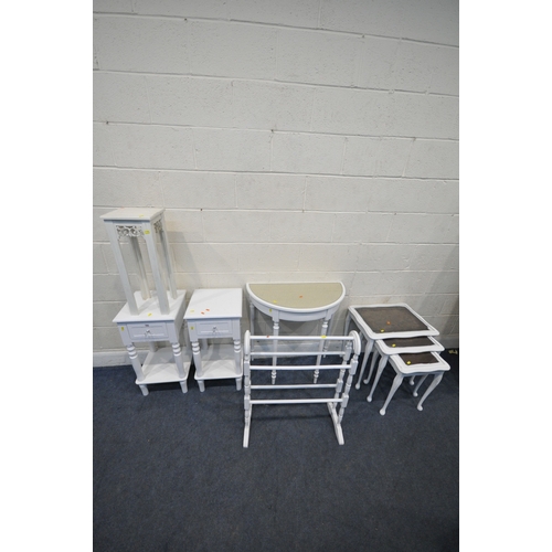 183 - A SELECTION OF WHITE PAINTED OCCASIONAL FURNITURE, to include a pair of lamp tables, with a single d... 