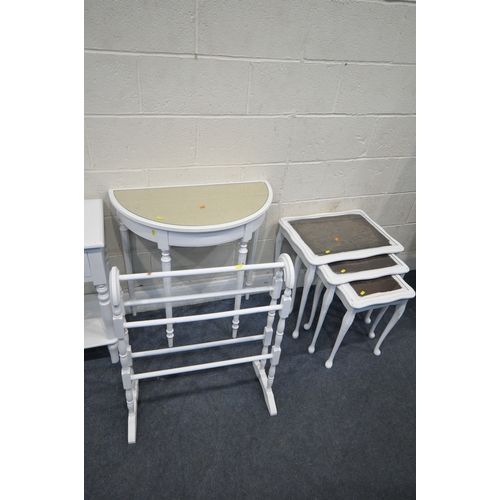 183 - A SELECTION OF WHITE PAINTED OCCASIONAL FURNITURE, to include a pair of lamp tables, with a single d... 