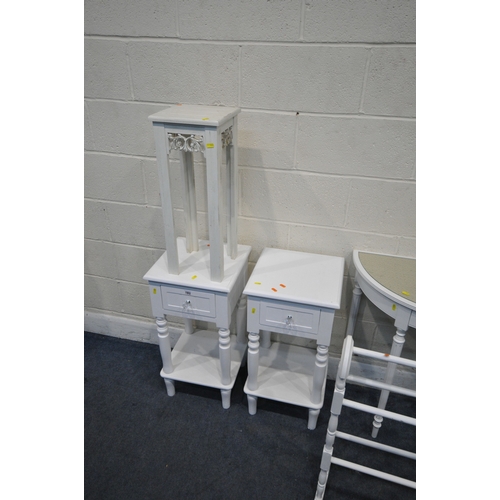183 - A SELECTION OF WHITE PAINTED OCCASIONAL FURNITURE, to include a pair of lamp tables, with a single d... 