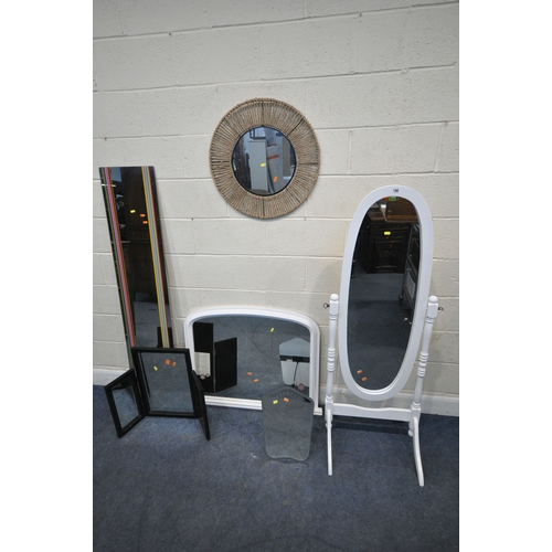 188 - A WHITE PAINTED CHEVAL MIRROR, height 150cm, an overmantel mirror, a triple dressing mirror, along w... 
