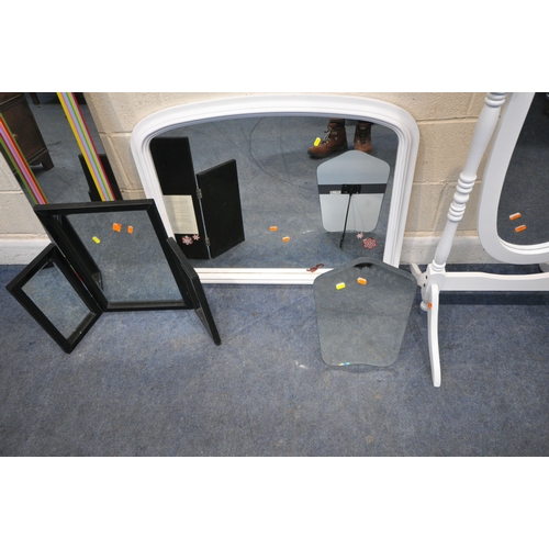 188 - A WHITE PAINTED CHEVAL MIRROR, height 150cm, an overmantel mirror, a triple dressing mirror, along w... 