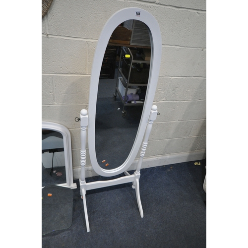188 - A WHITE PAINTED CHEVAL MIRROR, height 150cm, an overmantel mirror, a triple dressing mirror, along w... 