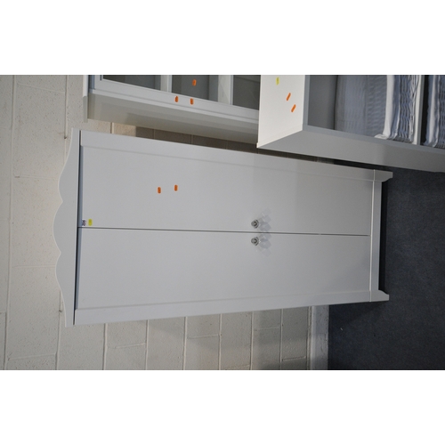 204 - A MODERN WHITE DOUBLE DOOR WARDROBE, width 76cm x depth 50cm x height 175cm, a display cabinet with ... 