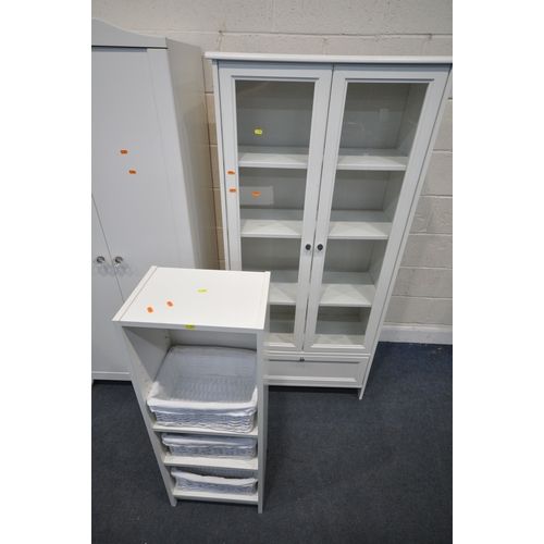 204 - A MODERN WHITE DOUBLE DOOR WARDROBE, width 76cm x depth 50cm x height 175cm, a display cabinet with ... 