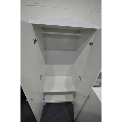204 - A MODERN WHITE DOUBLE DOOR WARDROBE, width 76cm x depth 50cm x height 175cm, a display cabinet with ... 