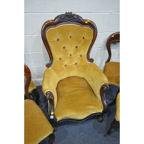 211 - FIVE VICTORIAN CHAIRS, comprising a mahogany armchair, with a foliate crest, scrolled armrests, rais... 