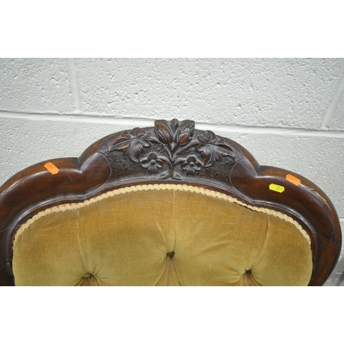 211 - FIVE VICTORIAN CHAIRS, comprising a mahogany armchair, with a foliate crest, scrolled armrests, rais... 
