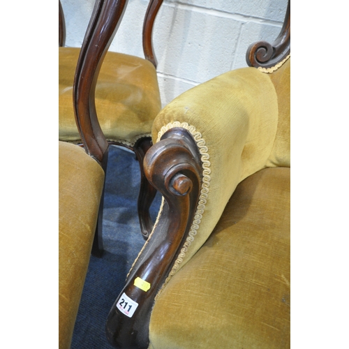 211 - FIVE VICTORIAN CHAIRS, comprising a mahogany armchair, with a foliate crest, scrolled armrests, rais... 