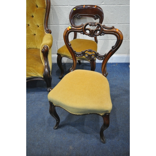 211 - FIVE VICTORIAN CHAIRS, comprising a mahogany armchair, with a foliate crest, scrolled armrests, rais... 
