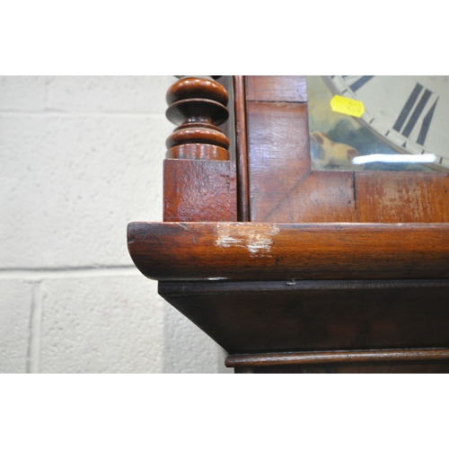 220 - A 19TH CENTURY MAHOGANY CASED LONGCASE CLOCK, with twin swan neck pediment, the arched glass door en... 