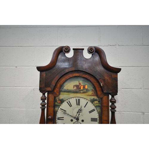 220 - A 19TH CENTURY MAHOGANY CASED LONGCASE CLOCK, with twin swan neck pediment, the arched glass door en... 