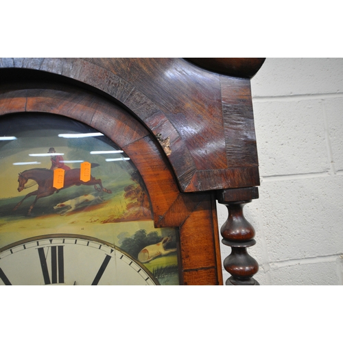 220 - A 19TH CENTURY MAHOGANY CASED LONGCASE CLOCK, with twin swan neck pediment, the arched glass door en... 