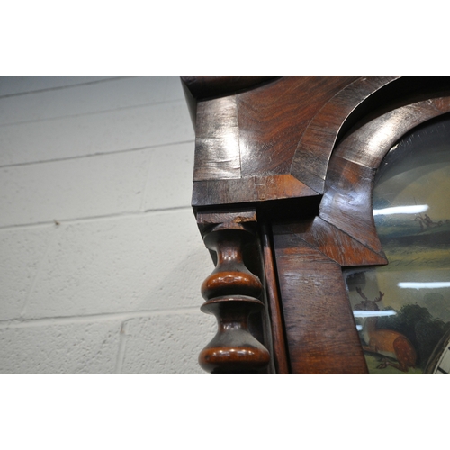 220 - A 19TH CENTURY MAHOGANY CASED LONGCASE CLOCK, with twin swan neck pediment, the arched glass door en... 