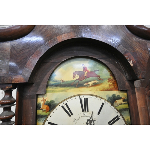 220 - A 19TH CENTURY MAHOGANY CASED LONGCASE CLOCK, with twin swan neck pediment, the arched glass door en... 