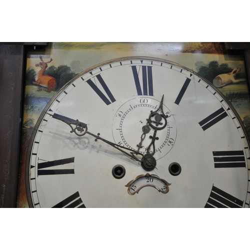 220 - A 19TH CENTURY MAHOGANY CASED LONGCASE CLOCK, with twin swan neck pediment, the arched glass door en... 