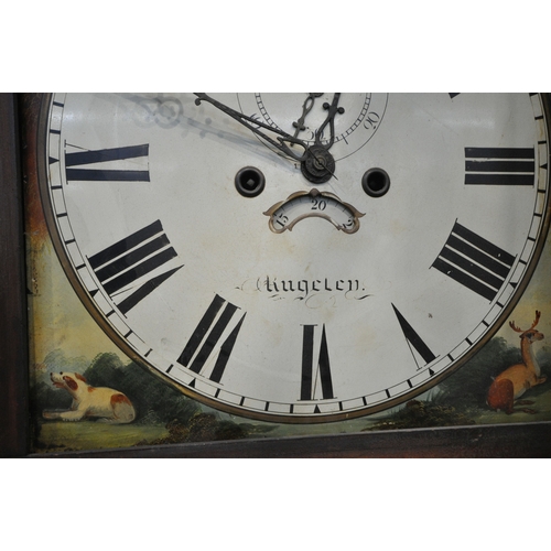220 - A 19TH CENTURY MAHOGANY CASED LONGCASE CLOCK, with twin swan neck pediment, the arched glass door en... 
