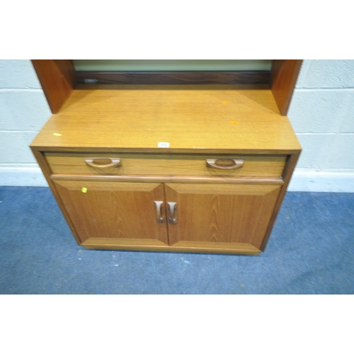 224 - G PLAN, A MID-CENTURY TEAK WALL CABINET, with double glass doors, atop a base with a single drawer, ... 