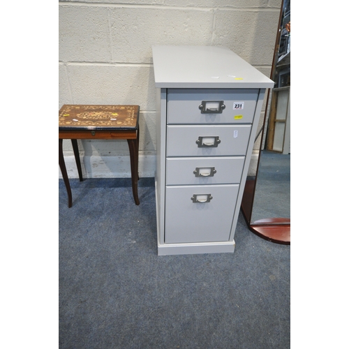 231 - A MODERN FOUR DRAWER FILING CABINET, width 34cm x depth 58cm x height 70cm, a free standing mirror, ... 