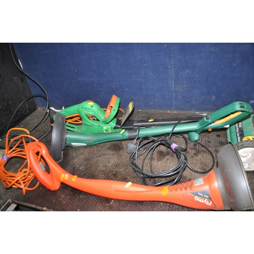74 - A PERFORMANCE POWER ELECTRIC LAWN MOWER with grassbox, a Flymo strimmer, another strimmer and a Chal... 