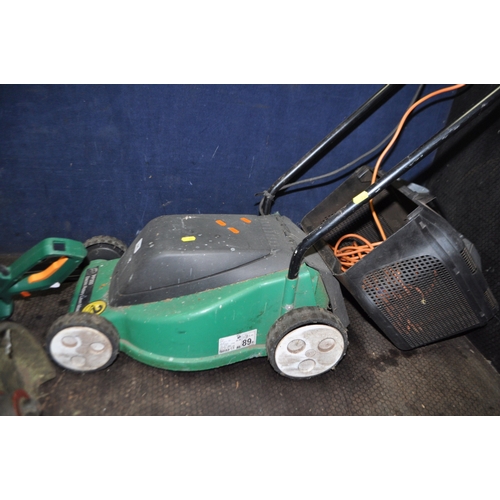 74 - A PERFORMANCE POWER ELECTRIC LAWN MOWER with grassbox, a Flymo strimmer, another strimmer and a Chal... 