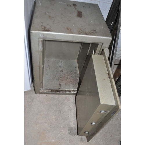 75 - A DUDLEY SAFES STEEL SAFE with two keys but no handle for door, does lock, open and shuts width 46cm... 