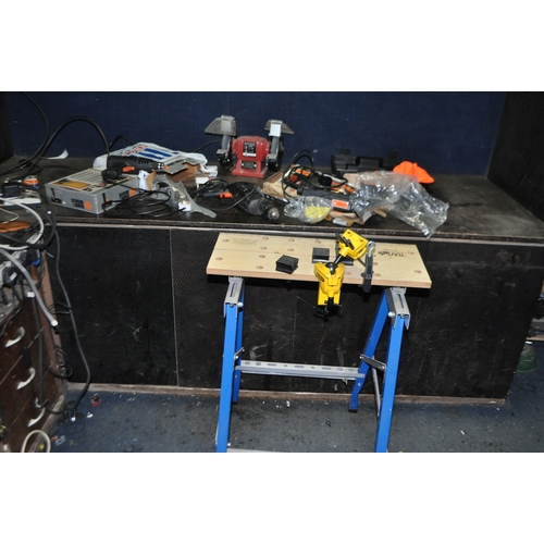 77 - A COLLECTION OF POWER TOOLS including a Parkside bench grinder, a Black and Decker, drill, Challenge... 