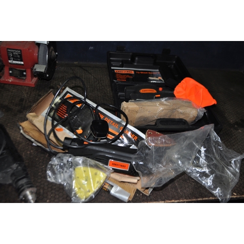 77 - A COLLECTION OF POWER TOOLS including a Parkside bench grinder, a Black and Decker, drill, Challenge... 