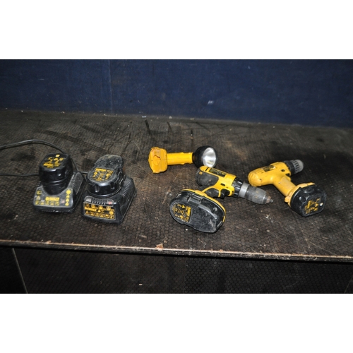 85 - A COLLECTION OF DeWALT POWER TOOLS including a DC725 drill with charger and two 18v batteries, a DW9... 