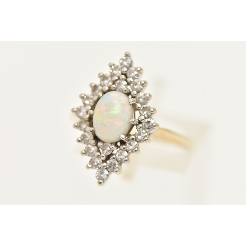 403 - AN OPAL AND DIAMOND CLUSTER RING, a high oval cabochon opal set with a surround of twenty two single... 