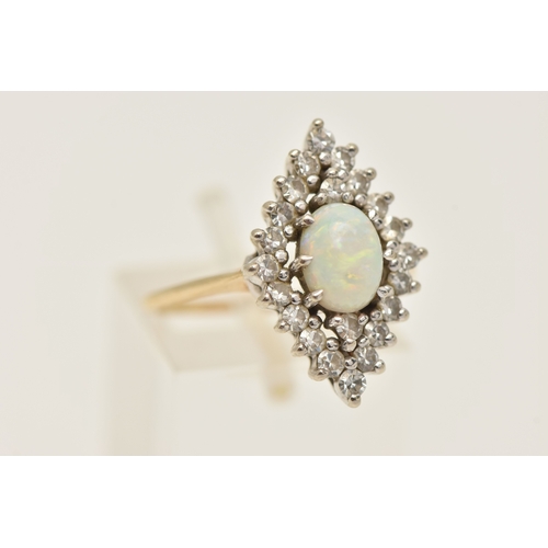 403 - AN OPAL AND DIAMOND CLUSTER RING, a high oval cabochon opal set with a surround of twenty two single... 