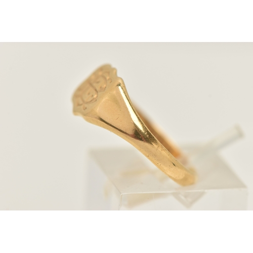 405 - AN 18CT GOLD SIGNET RING, a yellow gold shield form signet ring with monogram engraving, hallmarked ... 