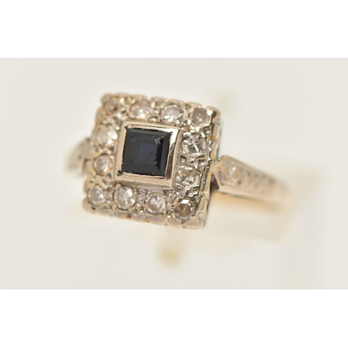 409 - AN 18CT GOLD GEM SET RING, a square form design cluster ring, principally set with a square cut sapp... 