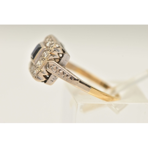 409 - AN 18CT GOLD GEM SET RING, a square form design cluster ring, principally set with a square cut sapp... 