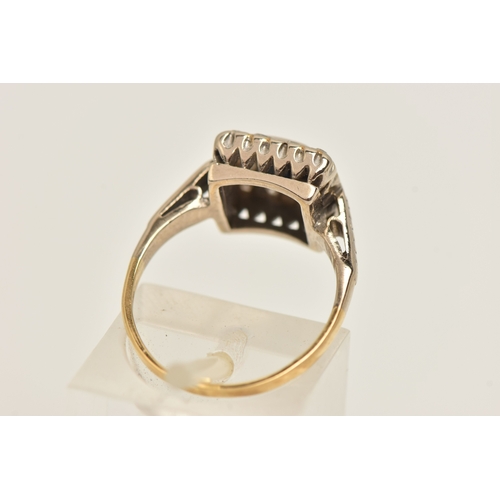 409 - AN 18CT GOLD GEM SET RING, a square form design cluster ring, principally set with a square cut sapp... 