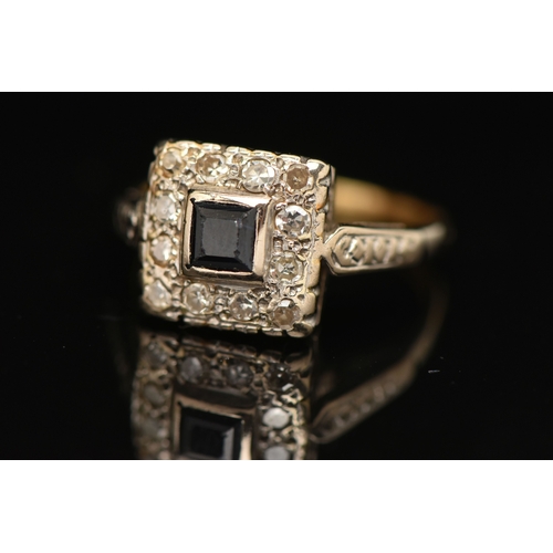 409 - AN 18CT GOLD GEM SET RING, a square form design cluster ring, principally set with a square cut sapp... 