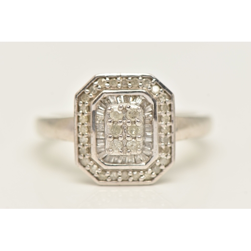 410 - A WHITE METAL DIAMOND CLUSTER RING, approximately thirty four round brilliant cut diamonds and appro... 